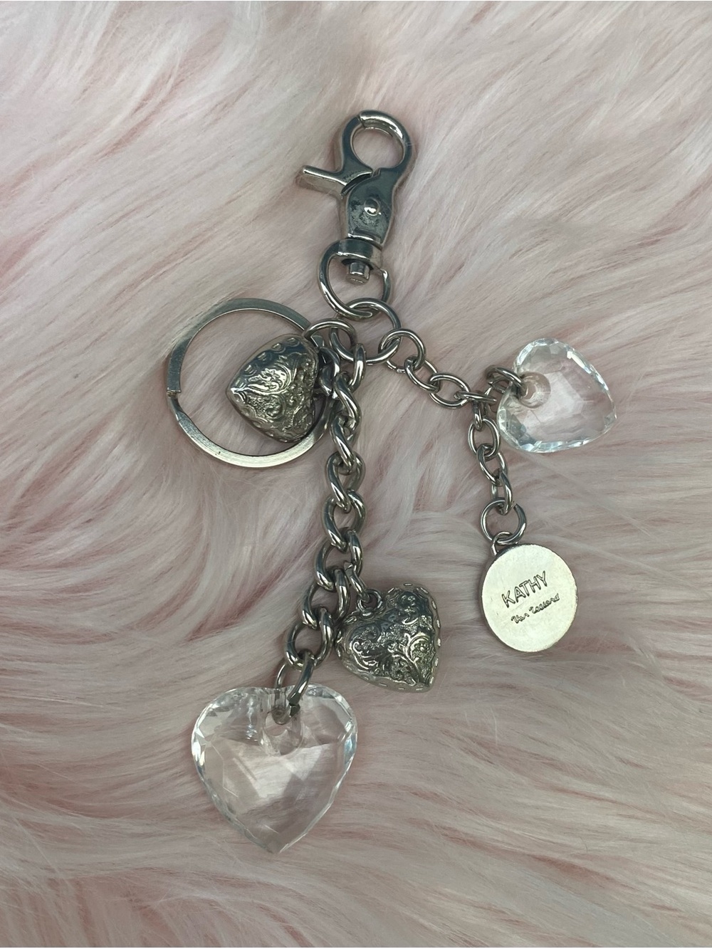 Kathy Van Zeeland Silver-Tone Heart Charm Keychain with Clear Crystal Hearts🤍